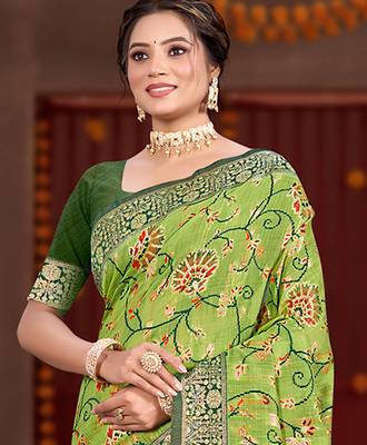 green cottan silk blend with meena woven work traditional saree 2