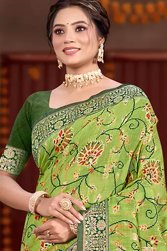 green cottan silk blend with meena woven work traditional saree