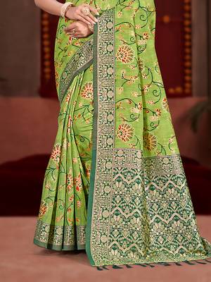 green cottan silk blend with meena woven work traditional saree 3