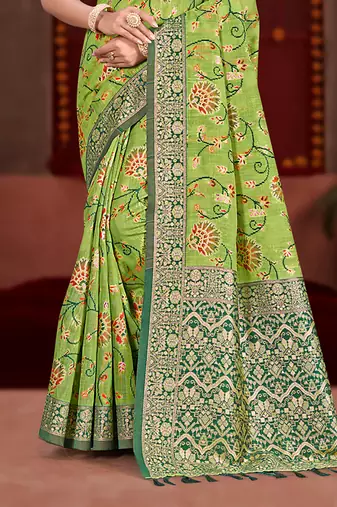 green cottan silk blend with meena woven work traditional saree