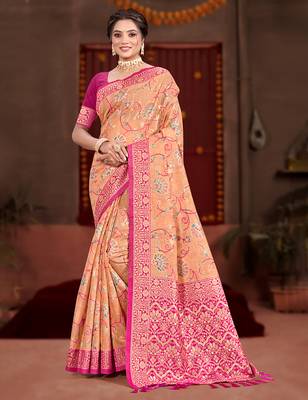peach cottan silk blend with meena woven work traditional saree 1