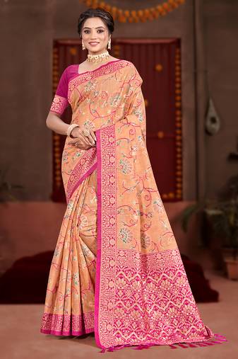 peach cottan silk blend with meena woven work traditional saree