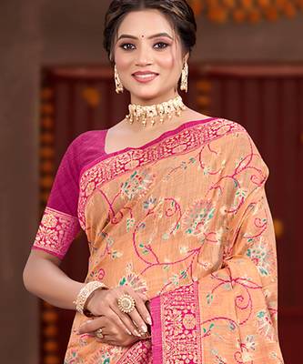 peach cottan silk blend with meena woven work traditional saree 2