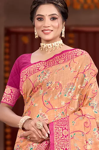 peach cottan silk blend with meena woven work traditional saree
