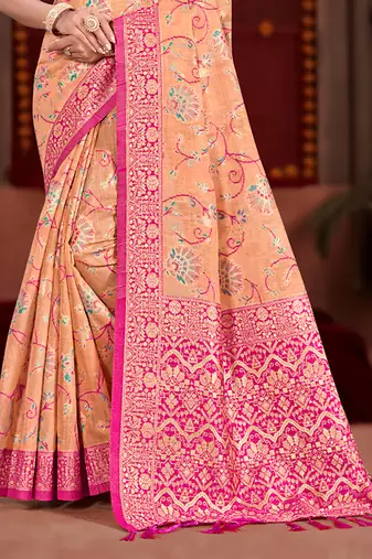 peach cottan silk blend with meena woven work traditional saree