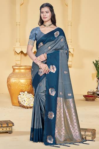 peacock blue silk blend woven work traditional saree