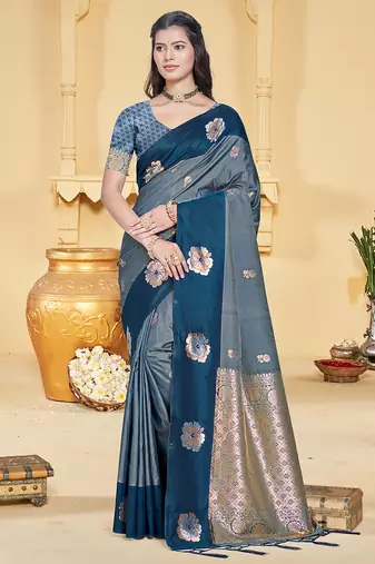 peacock blue silk blend woven work traditional saree