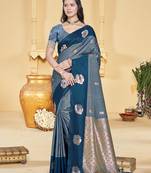 peacock blue silk blend woven work traditional saree