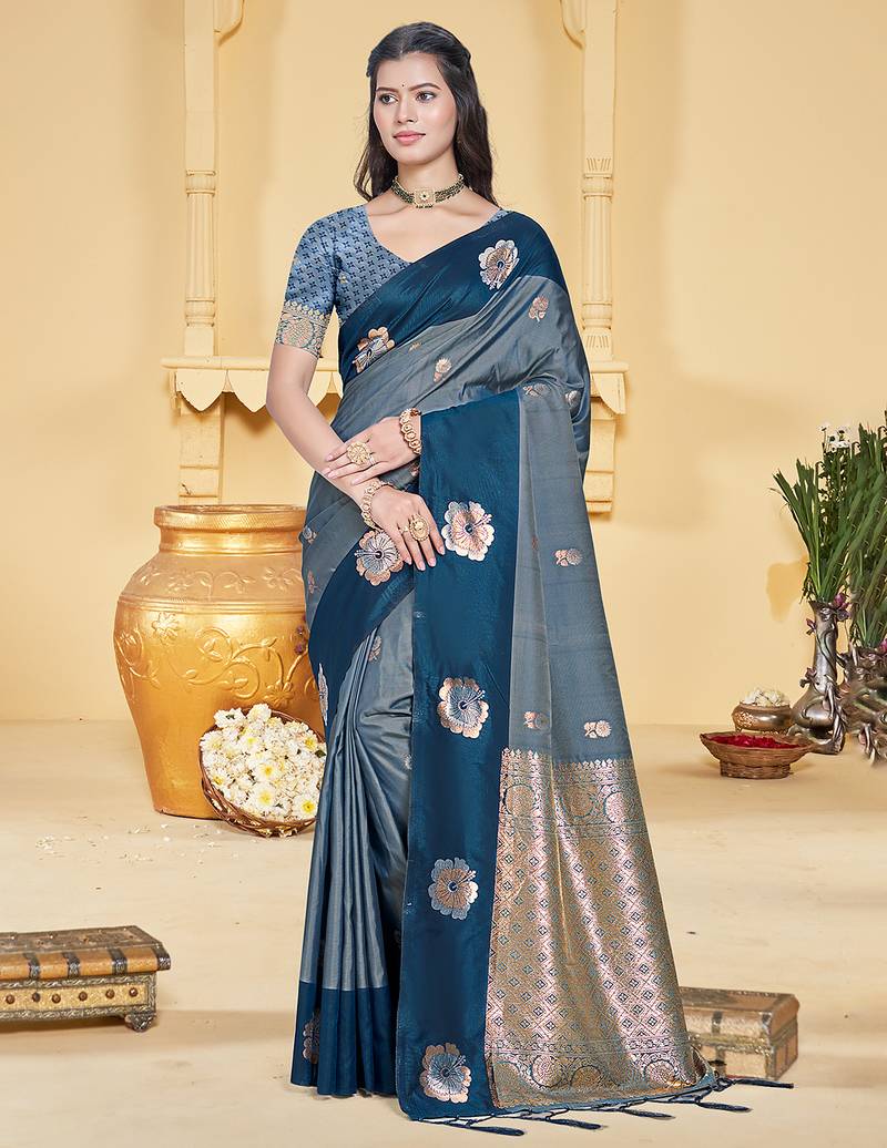peacock blue silk blend woven work traditional saree