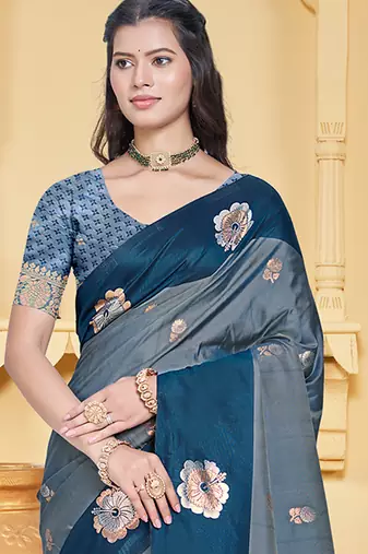 peacock blue silk blend woven work traditional saree
