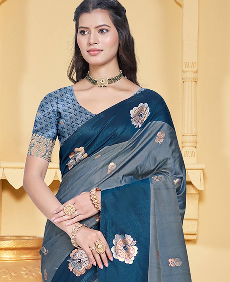 peacock blue silk blend woven work traditional saree
