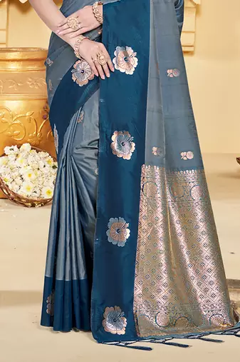 peacock blue silk blend woven work traditional saree