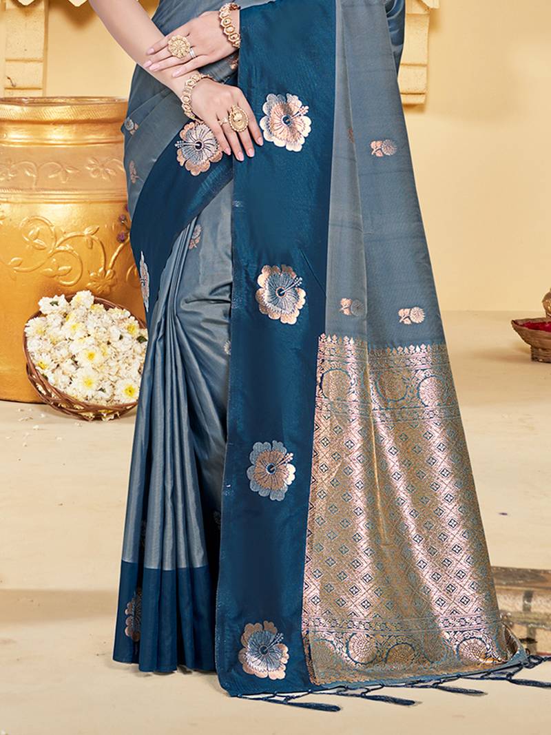 peacock blue silk blend woven work traditional saree