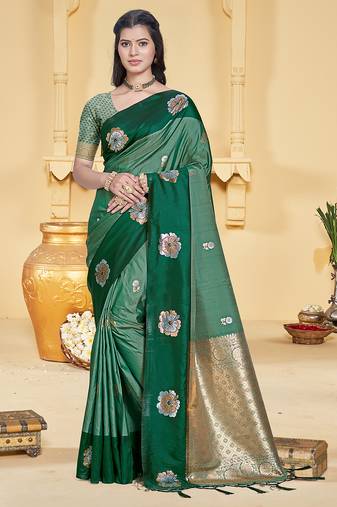 green silk blend woven work traditional saree