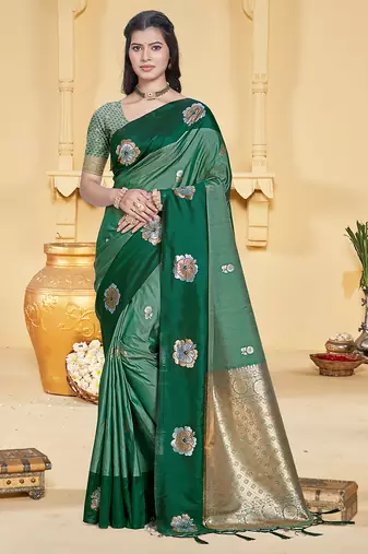 green silk blend woven work traditional saree