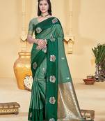 green silk blend woven work traditional saree