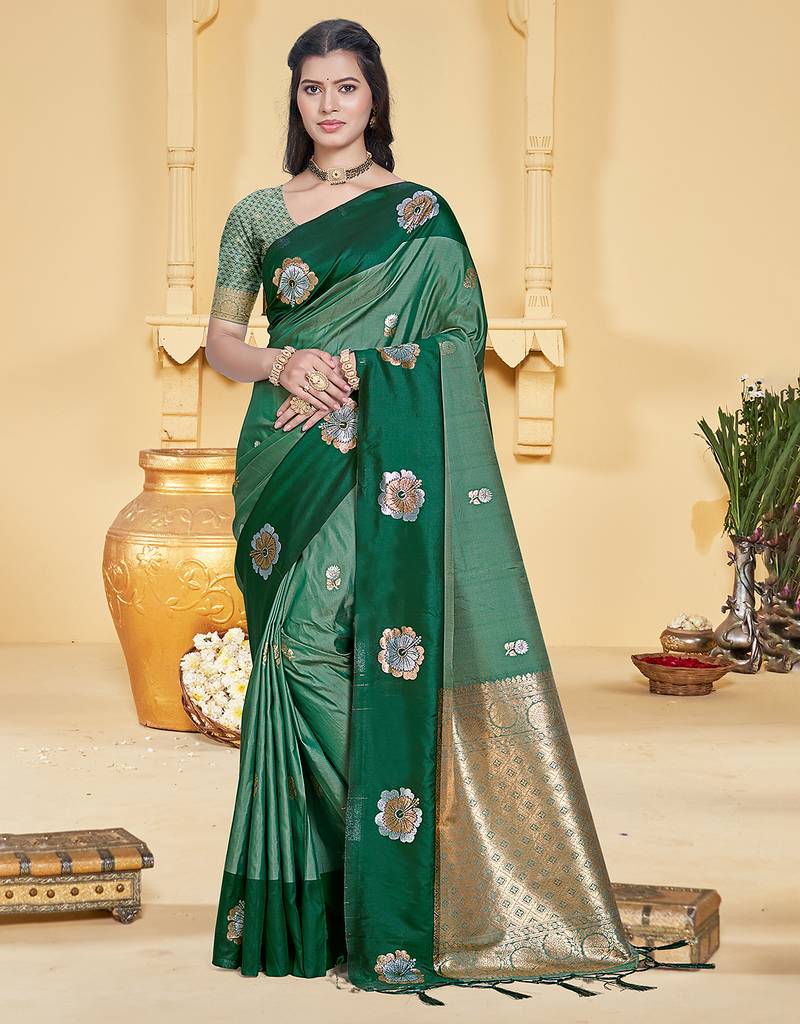 green silk blend woven work traditional saree