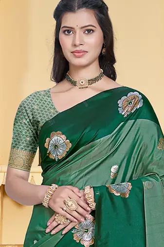 green silk blend woven work traditional saree
