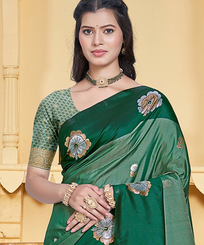 green silk blend woven work traditional saree