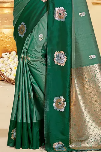 green silk blend woven work traditional saree