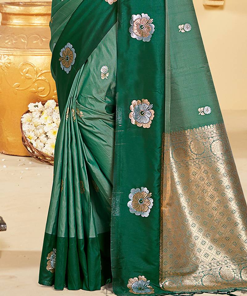 green silk blend woven work traditional saree