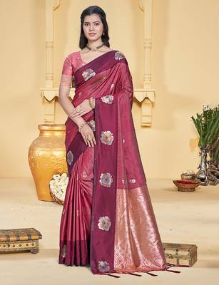 maroon silk blend woven work traditional saree 1