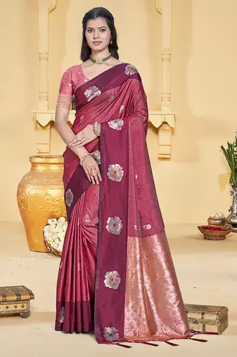 maroon silk blend woven work traditional saree