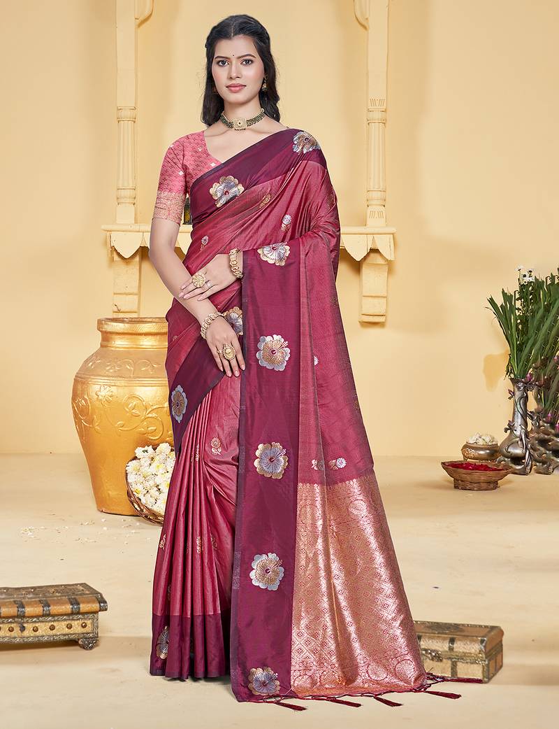 maroon silk blend woven work traditional saree