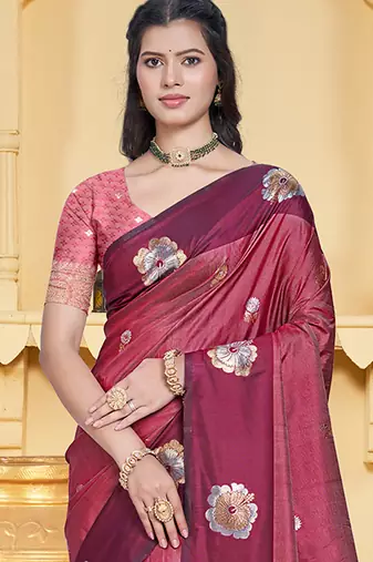 maroon silk blend woven work traditional saree