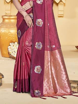 maroon silk blend woven work traditional saree 3