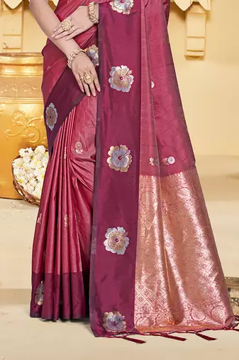 maroon silk blend woven work traditional saree