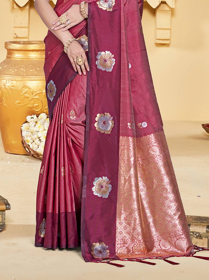 maroon silk blend woven work traditional saree
