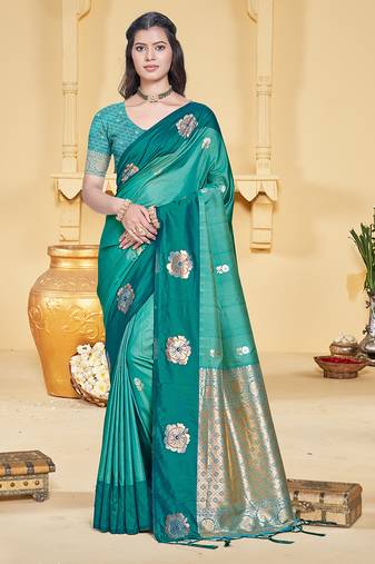 turquoise silk blend woven work traditional saree