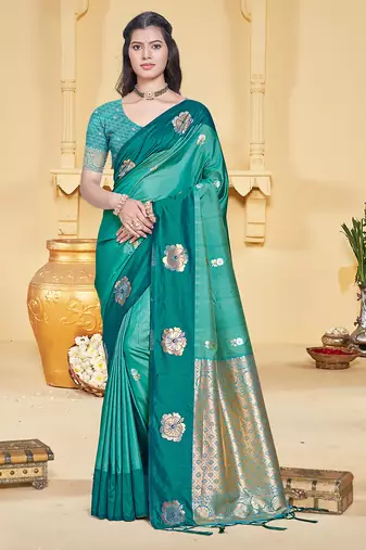 turquoise silk blend woven work traditional saree
