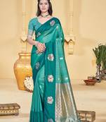 turquoise silk blend woven work traditional saree