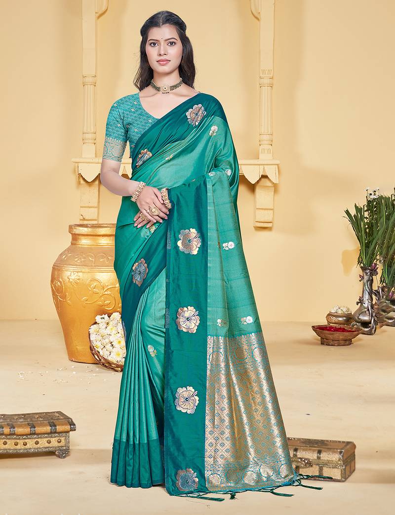 turquoise silk blend woven work traditional saree
