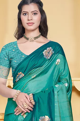 turquoise silk blend woven work traditional saree