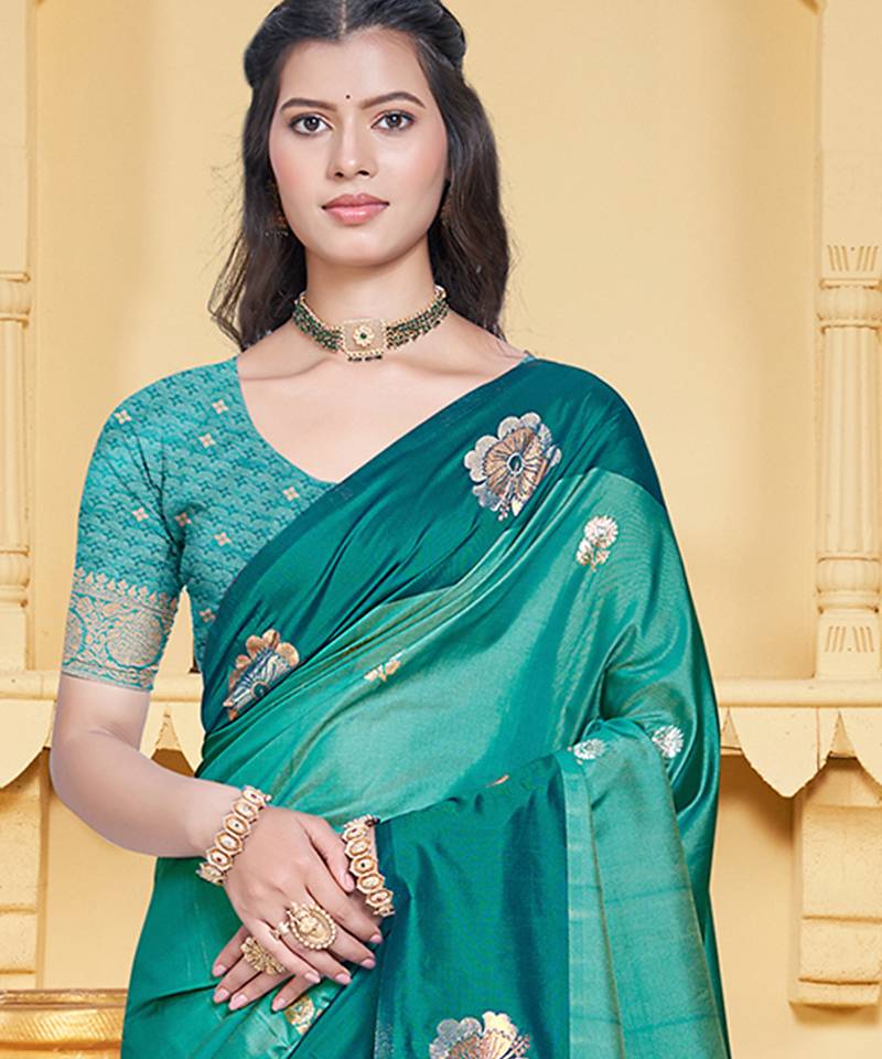 turquoise silk blend woven work traditional saree