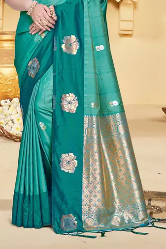 turquoise silk blend woven work traditional saree