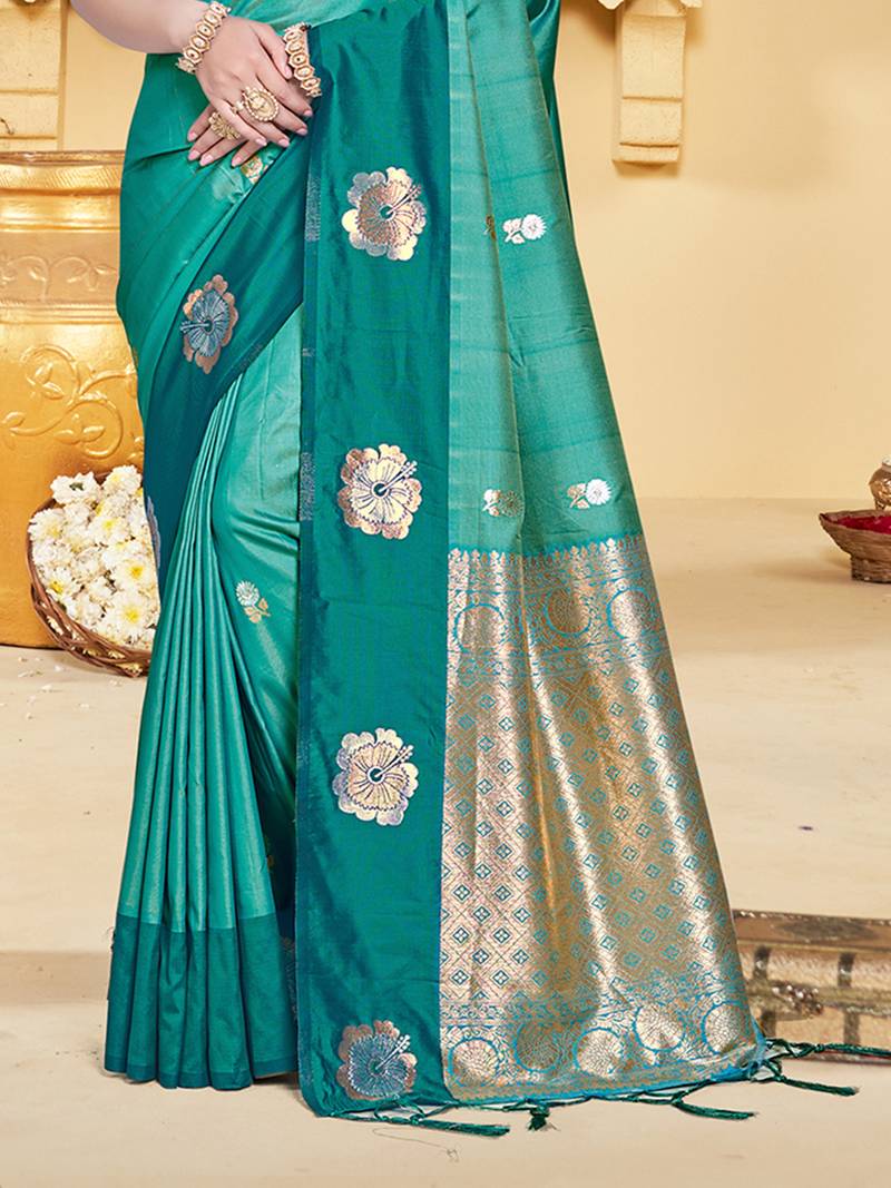 turquoise silk blend woven work traditional saree