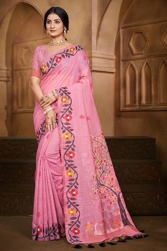 light pink cottan silk blend with meena woven work traditional saree