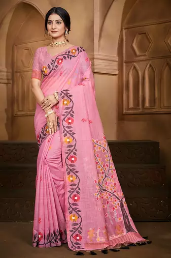 light pink cottan silk blend with meena woven work traditional saree