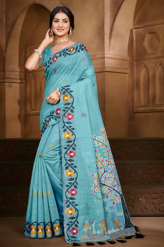sky blue cottan silk blend with meena woven work traditional saree