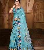 sky blue cottan silk blend with meena woven work traditional saree