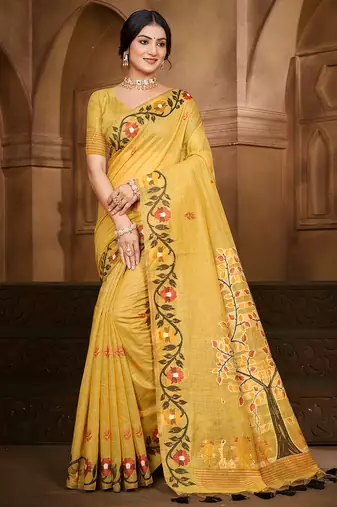 yellow cottan silk blend with meena woven work traditional saree