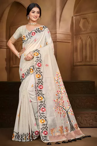 off-white cottan silk blend with meena woven work traditional saree