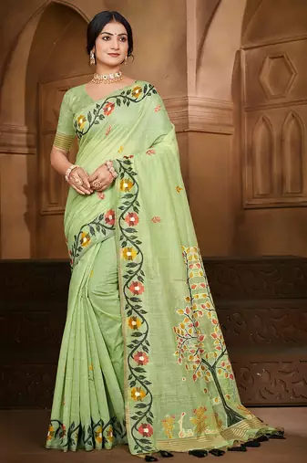 green cottan silk blend with meena woven work traditional saree