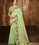 green cottan silk blend with meena woven work traditional saree
