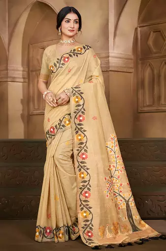 beige cottan silk blend with meena woven work traditional saree