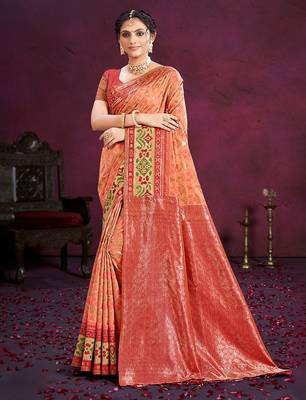 dark peach cottan silk blend with meena woven work traditional saree 1